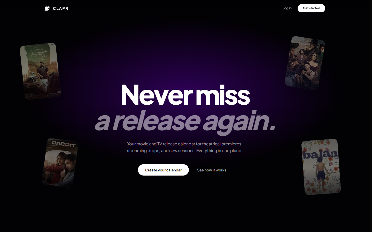 Clapr homepage introducing its movie and TV release calendar